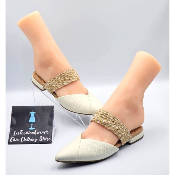 Birdies Women Cream Leather The Swan Cuff Pointed Toe Strap Mule Flats Sz 6 2404 - Picture 6 of 16
